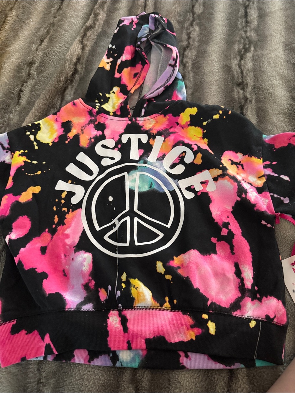 Justice Black Tie-Dye Peace Logo Hoodie with Pink & Yellow Accents